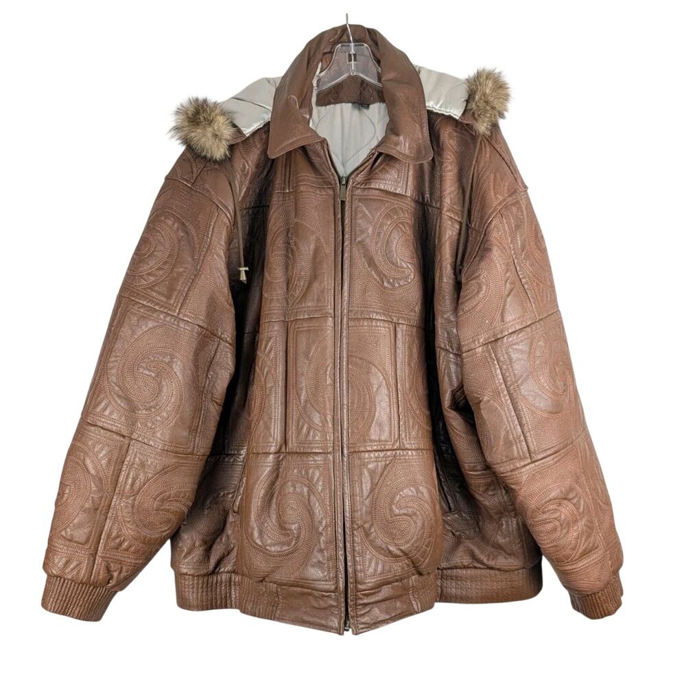 Bubble Well Embossed Leather Coat Mens 5XL‎ Brown Detachable Hood Fur Trim Y2K